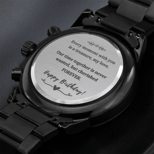 Luxury Birthday Gift for Husband or Son - Engraved Chronograph Black Watch